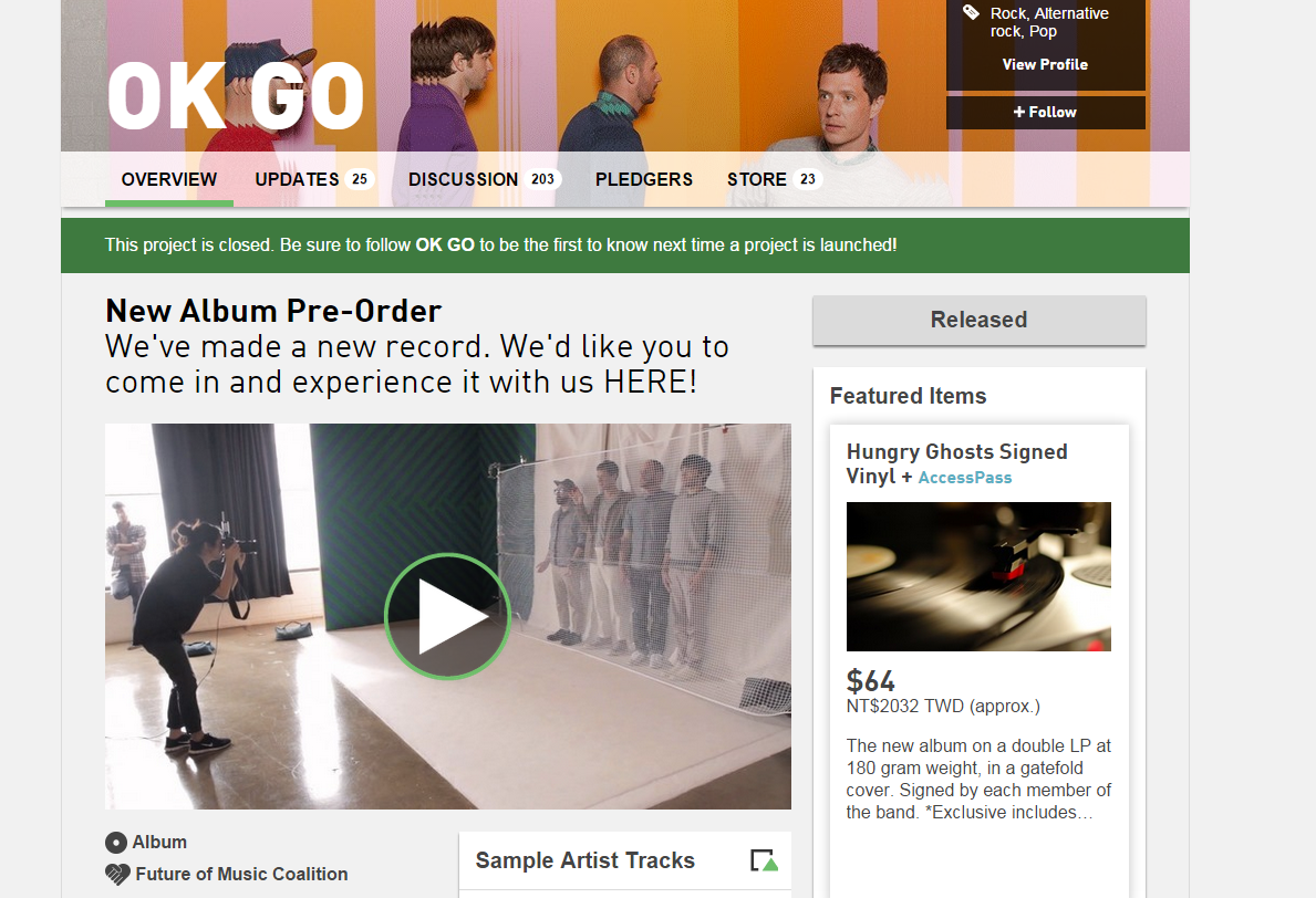 連 OK Go 這樣高知名度的獨立樂團都透過 PledgeMusic 提出專案來達到宣傳效果。